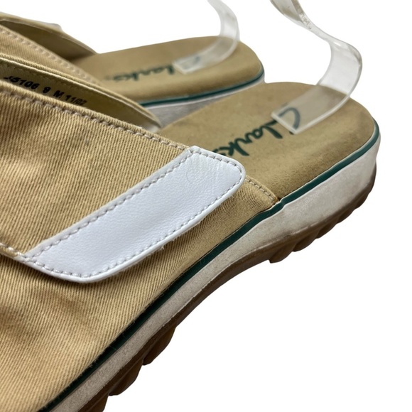 CLARKS Beige Tan White Canvas Slides Flip Flops Neutral Shoes Flats Casual sz 9 - Picture 8 of 16